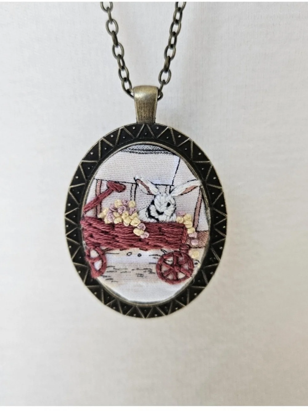 Hand Embroidered Vintage-Inspired Bunny In Red Wagon Oval Pendant Necklace